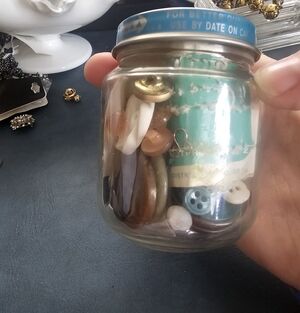 Small Vintage Jar Of Sewing Notions And Buttons